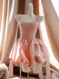 Cute Ball Gown Short Pink Satin Summer Birthday Dress Hoco Dress Mini Birthday Outfit 23rd Birthday Party Dresses HZ1121