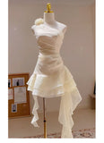Cute A line One Shoulder White Summer Homecoming Dress Hoco Dress Mini 18th Birthday Outfit Cocktail Dresses HZ1121
