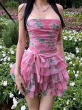Cute A line Strapless Pink Floral Summer Homecoming Dress Hoco Dress Mini 16th Birthday Outfit Cocktail Dresses HZ1121