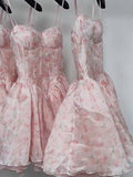Simple A line Spaghetti Straps Pink Floral Chiffon Homecoming Dress Summer Hoco Dresses Cocktail Dress HZ1121
