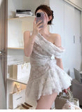 Simple A line One Shoulder White Floral Lace Short Homecoming Dress Summer Hoco Dresses Cocktail Dress HZ1121