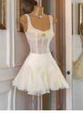 Simple A line Straps Ruffles Black Lace Short Homecoming Dress Summer Hoco Dresses Cocktail Dress HZ1121