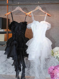 Simple A line Spaghetti Straps Ruffles Black Short Homecoming Dress Summer Hoco Dresses Cocktail Dress HZ1121