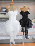 Simple A line Spaghetti Straps Ruffles Black Short Homecoming Dress Summer Hoco Dresses Cocktail Dress HZ1121