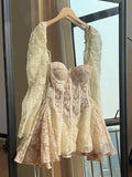 Simple A line Sweetheart Lace Short Long Sleeves Homecoming Dress Summer Hoco Dresses Cocktail Dress HZ1121