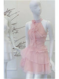 Cute A line Halter Pink Chiffon Summer Homecoming Dress Hoco Dress Mini 18th Birthday Outfit Cocktail Dresses HZ1121