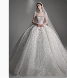 Pretty Wedding Dress Ball Gown Square Neck Lace Long Sleeves White Wedding Dresses Bridal Gowns HZ1121