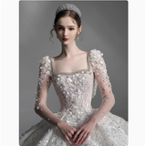 Pretty Wedding Dress Ball Gown Square Neck Lace Long Sleeves White Wedding Dresses Bridal Gowns HZ1121