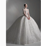 Pretty Wedding Dress Ball Gown Square Neck Lace Long Sleeves White Wedding Dresses Bridal Gowns HZ1121