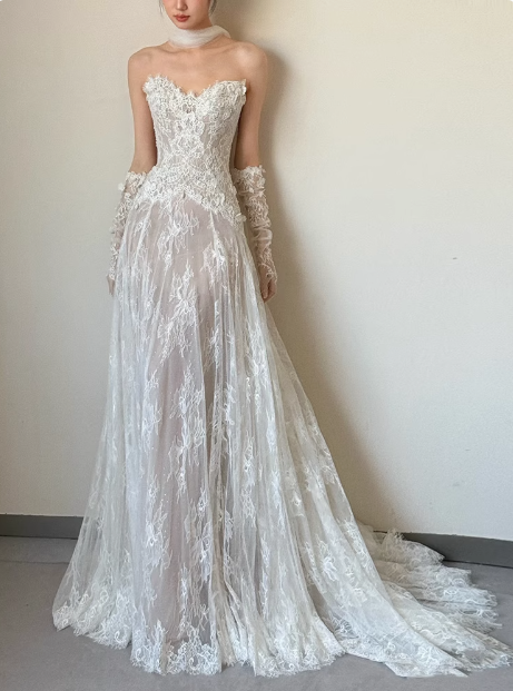 Classic Bridal Dress A line Sweetheart Lace White Wedding Dresses Minimalist Bridal Gowns HZ1121