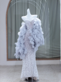 Vintage Mermaid Sweetheart Sleeveless Sequin Silver Long Prom Dresses Ruffles Evening Gowns Evening Dress HZ1121