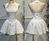 Cute Ball Gown Halter Lace White Summer Homecoming Dress Hoco Dress Mini 18th Birthday Outfit Cocktail Dresses HZ1121