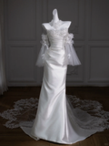 Retro Wedding Dress Mermaid Strapless Long Satin White Floral Wedding Dresses Bridal Gowns HZ1121