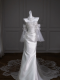Retro Wedding Dress Mermaid Strapless Long Satin White Floral Wedding Dresses Bridal Gowns HZ1121