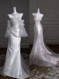 Retro Wedding Dress Mermaid Strapless Long Satin White Floral Wedding Dresses Bridal Gowns HZ1121