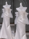 Retro Wedding Dress Mermaid Strapless Long Satin White Floral Wedding Dresses Bridal Gowns HZ1121