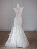 Pretty Wedding Dress Mermaid High Neck White Floral Tulle Long Wedding Dresses Bridal Gowns HZ1121