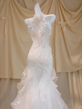 Pretty Wedding Dress Mermaid High Neck White Floral Tulle Long Wedding Dresses Bridal Gowns HZ1121
