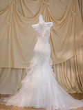 Pretty Wedding Dress Mermaid High Neck White Floral Tulle Long Wedding Dresses Bridal Gowns HZ1121