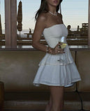 Cute Ball Gown Strapless White Summer Lace Homecoming Dress Hoco Dress Mini 18th Birthday Outfit Cocktail Dresses HZ1121