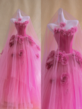 Gorgeous Ball Gown Strapless Hot Pink Floral Tulle Long Prom Dress Party Dress Graduation Dresses HZ1121