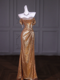 Pretty Mermaid Off The Shoulder Gold Sequin Beads Long Prom Dress Party Dress Graduation Dresses HZ1121