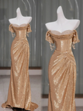 Pretty Mermaid Off The Shoulder Gold Sequin Beads Long Prom Dress Party Dress Graduation Dresses HZ1121