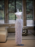 Gorgeous Mermaid Strapless Blue Sequin Long Prom Dress Party Dress Graduation Dresses With Feathers HZ1121