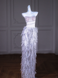 Gorgeous Mermaid Strapless Blue Sequin Long Prom Dress Party Dress Graduation Dresses With Feathers HZ1121