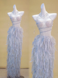 Gorgeous Mermaid Strapless Blue Sequin Long Prom Dress Party Dress Graduation Dresses With Feathers HZ1121