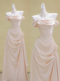 Simple A line Off The Shoulder Light Pink Satin Prom Dresses Formal Summer Wedding Guest Dresses Wedding Guest Outfits HZ1121