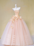 Pretty Wedding Dress Ball Gown Strapless Pink Tulle Floral Long Wedding Dresses Bridal Gowns HZ1121