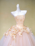 Pretty Wedding Dress Ball Gown Strapless Pink Tulle Floral Long Wedding Dresses Bridal Gowns HZ1121
