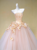 Pretty Wedding Dress Ball Gown Strapless Pink Tulle Floral Long Wedding Dresses Bridal Gowns HZ1121