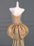 Gorgeous Mermaid Sweetheart Gold Sequin Long Prom Dress Party Dress Graduation Dresses With Bow-knot HZ1121