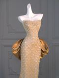 Gorgeous Mermaid Sweetheart Gold Sequin Long Prom Dress Party Dress Graduation Dresses With Bow-knot HZ1121