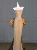 Gorgeous Mermaid Sweetheart Gold Sequin Long Prom Dress Party Dress Graduation Dresses With Bow-knot HZ1121