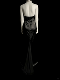 Vintage Mermaid Halter Black Satin Long Evening Party Gowns Evening Formal Dresses Prom Dress HZ1121