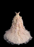 Modest Ball Gown Strapless Pink Chiffon Floral Long Prom Dress Party Dress Graduation Dresses Sweet 16 Dress HZ1121