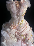 Modest Ball Gown Strapless Pink Chiffon Floral Long Prom Dress Party Dress Graduation Dresses Sweet 16 Dress HZ1121