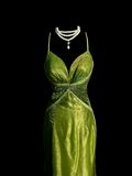 Vintage Mermaid Spaghetti Straps Green Backless Sequin Long Prom Dress Party Dress Graduation Dresses HZ1121