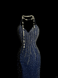 Pretty Mermaid Halter Navy Blue Sequin Backless Long Night Dinner Evening Dresses Formal Summer Wedding Guest Dresses Wedding Guest Outfits HZ1121
