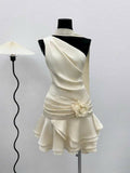 Cute A line One Shoulder White Summer Homecoming Dress Hoco Dress Mini 16th Birthday Outfit Cocktail Dresses HZ1121