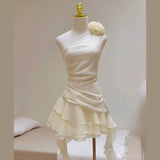 Cute A line One Shoulder White Chiffon Summer Homecoming Dress Hoco Dress Mini 16th Birthday Outfit Cocktail Dresses HZ1121