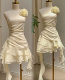Cute A line One Shoulder White Chiffon Summer Homecoming Dress Hoco Dress Mini 16th Birthday Outfit Cocktail Dresses HZ1121