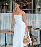 Cute A line Strapless White Summer Tea Length Holiday Dress Hoco Dress 18th Birthday Outfit Cocktail Dresses HZ1121