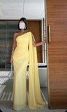 Gorgeous Mermaid One Shoulder Yellow Chiffon Party Prom Dresses Formal Summer Wedding Guest Dresses Wedding Guest Outfits HZ1121