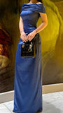 Elegant Sheath Off The Shoulder Navy Blue Satin Prom Dresses Formal Summer Wedding Guest Dresses Wedding Guest Outfits HZ1121