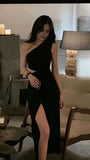 Pretty Mermaid One Shoulder Black Slit Party Dresses Formal Summer Wedding Guest Dresses Wedding Guest Outfits HZ1121