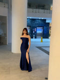 Pretty Mermaid Off The Shoulder Navy Blue Slit Evening Party Dresses Formal Summer Wedding Guest Dresses Wedding Guest Outfits HZ1121